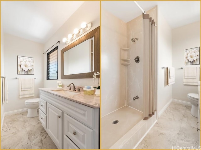 bathroom featuring vanity, toilet, and walk in shower