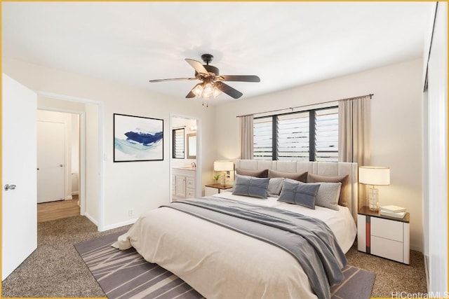 bedroom featuring carpet, ceiling fan, and connected bathroom