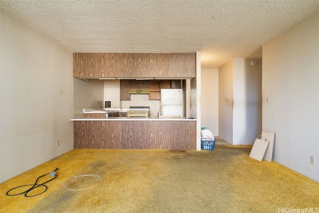 kitchen with kitchen peninsula, a textured ceiling, carpet floors, and white appliances