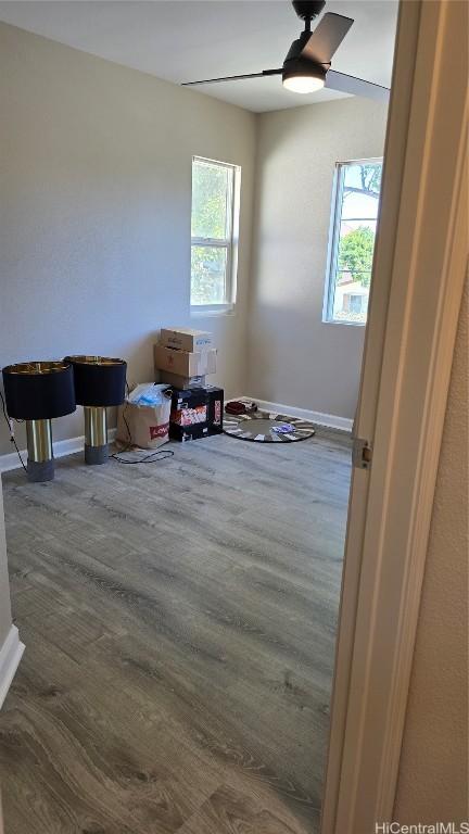 spare room featuring ceiling fan, wood-type flooring, and a healthy amount of sunlight