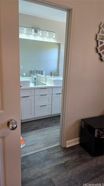 bathroom with vanity and hardwood / wood-style floors