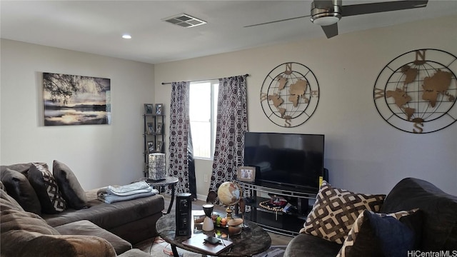 living room featuring ceiling fan