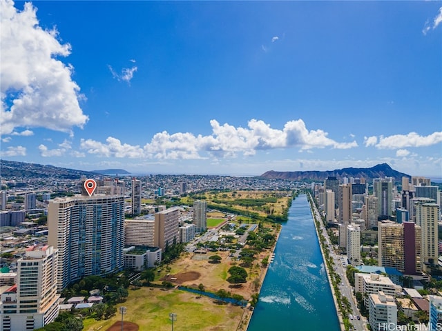 bird's eye view featuring a water and mountain view