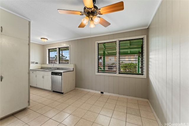 kitchen with wooden walls, sink, stainless steel dishwasher, ceiling fan, and white cabinetry