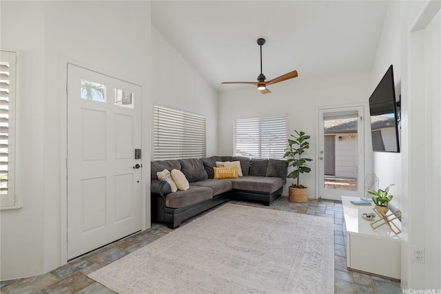 91-1061 Kaileolea Dr Unit 2C1, Ewa Beach, HI 96706 - living room featuring stone tile floors, a ceiling fan, and high vaulted ceiling