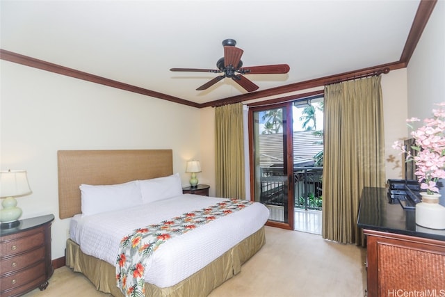 bedroom featuring access to outside, light colored carpet, crown molding, and ceiling fan