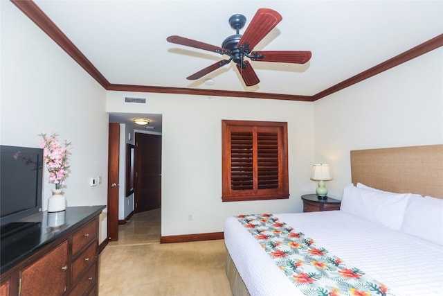 bedroom featuring ornamental molding, light carpet, and ceiling fan