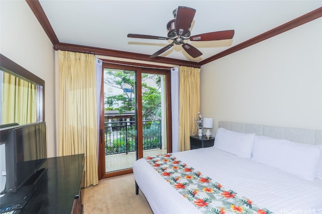 bedroom with ceiling fan, access to outside, ornamental molding, and light hardwood / wood-style floors