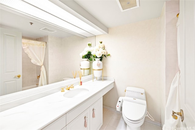 full bathroom with vanity, shower / tub combo with curtain, toilet, and tile patterned flooring