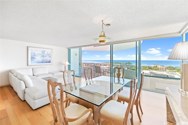 dining room with a textured ceiling, light hardwood / wood-style flooring, a water view, and a healthy amount of sunlight