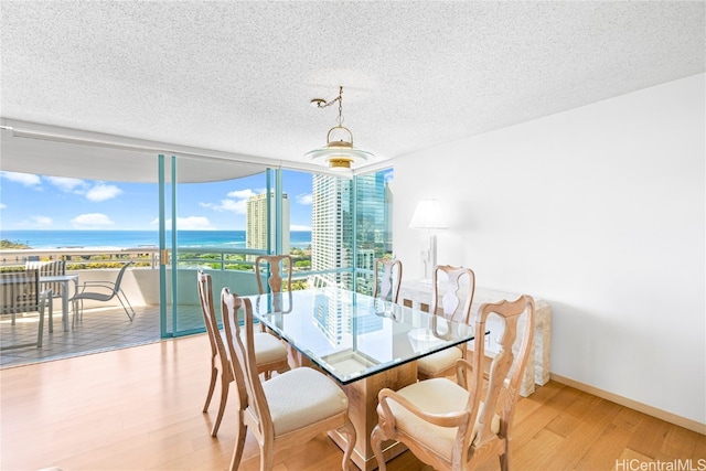 dining room with a water view, a textured ceiling, and light hardwood / wood-style flooring