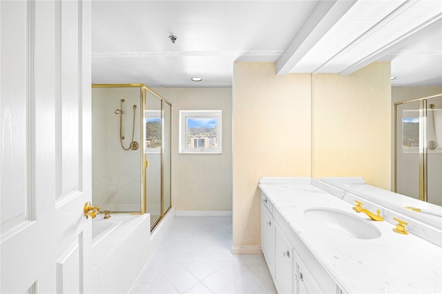 bathroom featuring vanity, separate shower and tub, and tile patterned floors