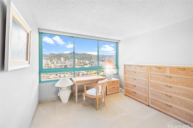 office with expansive windows, a mountain view, a textured ceiling, and light colored carpet