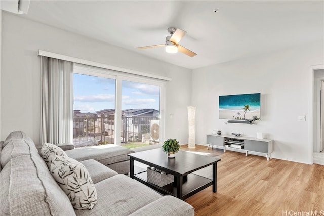 living room featuring ceiling fan and light wood-type flooring