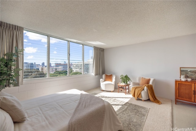 carpeted bedroom featuring a textured ceiling