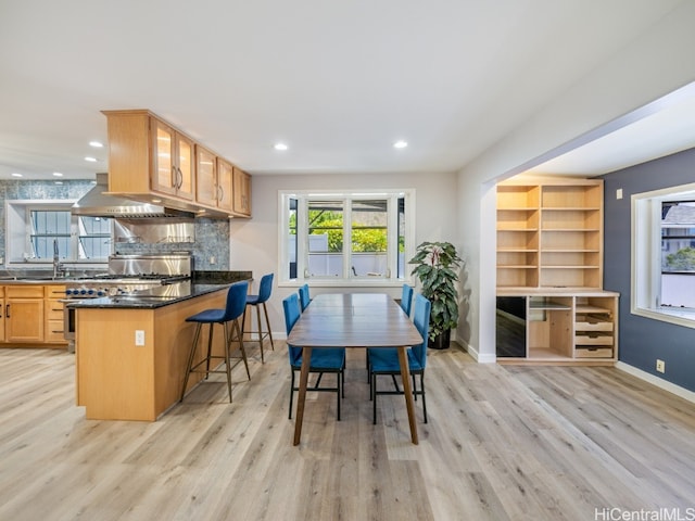 dining space with light hardwood / wood-style floors and sink