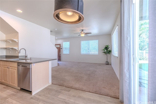 kitchen featuring stainless steel dishwasher, sink, light carpet, and ceiling fan