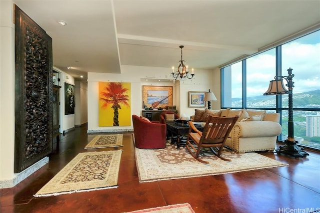 living room featuring a wall of windows, plenty of natural light, and a notable chandelier