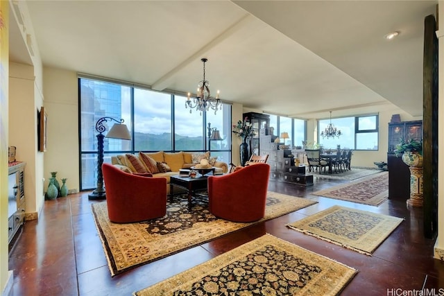 living room featuring an inviting chandelier