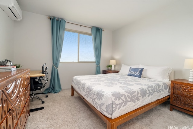 bedroom with light colored carpet and a wall unit AC