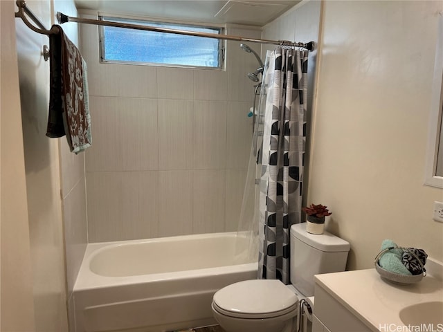 full bathroom with vanity, toilet, and shower / bathtub combination with curtain