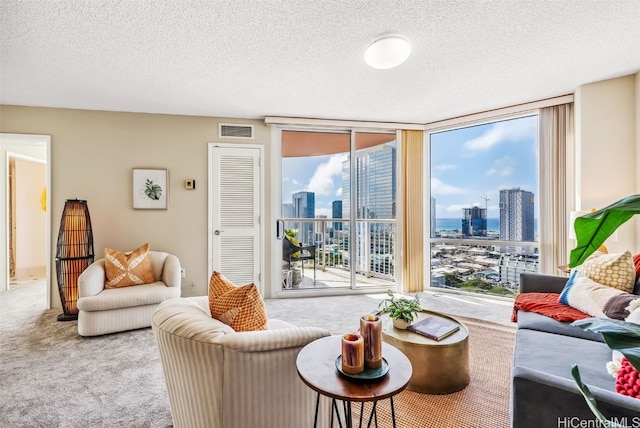 carpeted living room featuring expansive windows and a textured ceiling