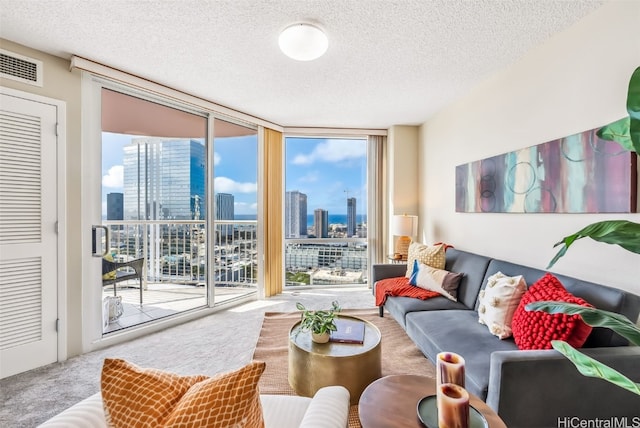 living room with a healthy amount of sunlight, a wall of windows, and a textured ceiling