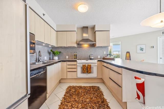 kitchen with refrigerator, white range with electric stovetop, wall chimney range hood, light tile patterned floors, and black dishwasher