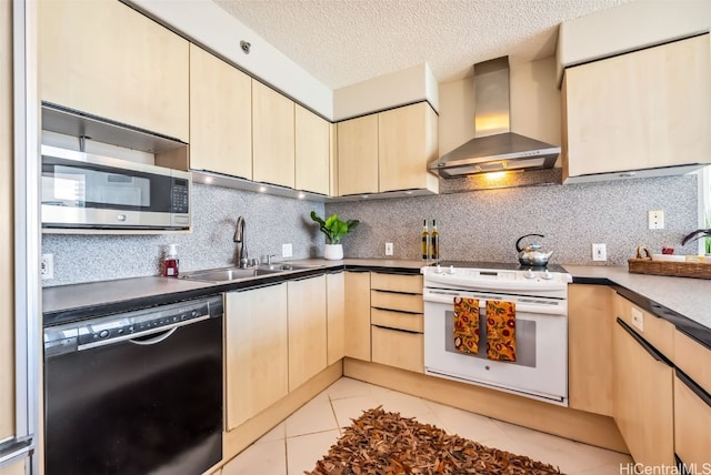 kitchen featuring wall chimney range hood, sink, white electric stove, a textured ceiling, and black dishwasher