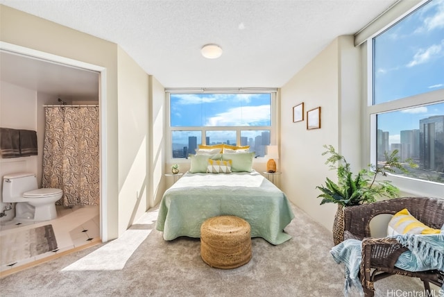 carpeted bedroom with connected bathroom and multiple windows