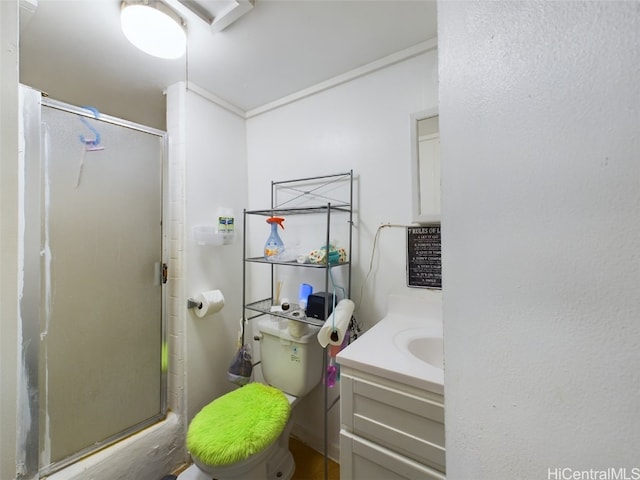 bathroom featuring vanity, an enclosed shower, and toilet