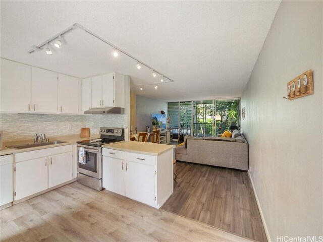 kitchen featuring stainless steel electric range, light hardwood / wood-style floors, white cabinetry, and sink