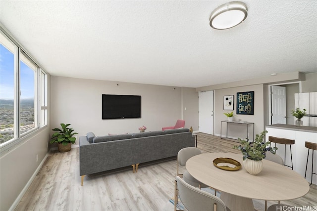 dining area with a textured ceiling and light wood-type flooring