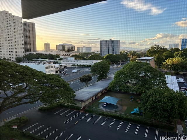 view of aerial view at dusk