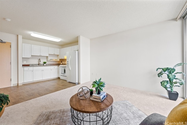 living room featuring hardwood / wood-style flooring, a textured ceiling, and sink