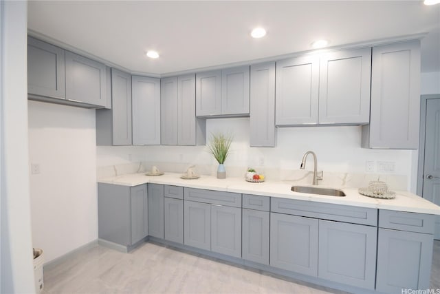 418 Halemaumau St, Honolulu, HI 96821 - kitchen with a sink, gray cabinets, baseboards, and recessed lighting