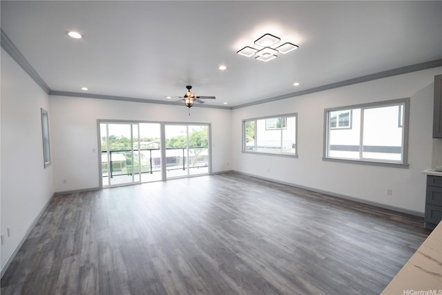 418 Halemaumau St, Honolulu, HI 96821 - unfurnished living room featuring crown molding, a ceiling fan, wood finished floors, recessed lighting, and baseboards