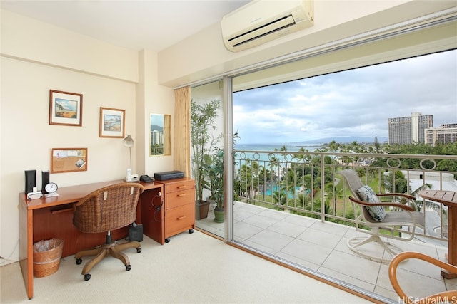 office with a healthy amount of sunlight, a wall mounted AC, and carpet