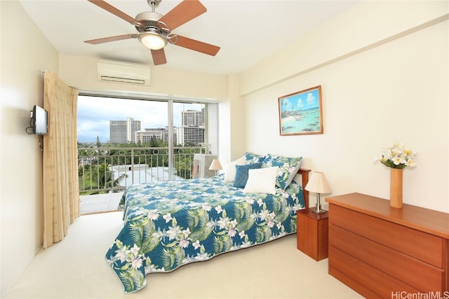 carpeted bedroom featuring a wall mounted AC, access to outside, and ceiling fan