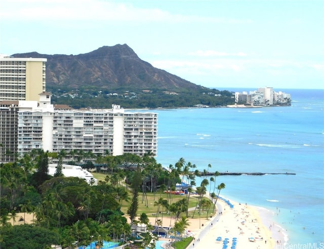 property view of water with a mountain view and a beach view