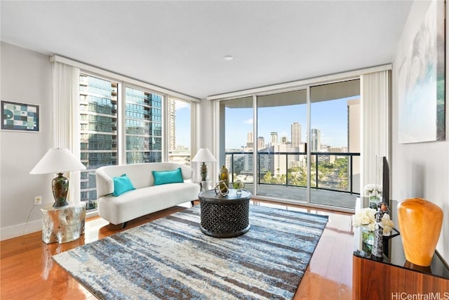 living room featuring hardwood / wood-style flooring and floor to ceiling windows