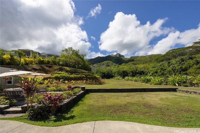 surrounding community with a yard and a mountain view