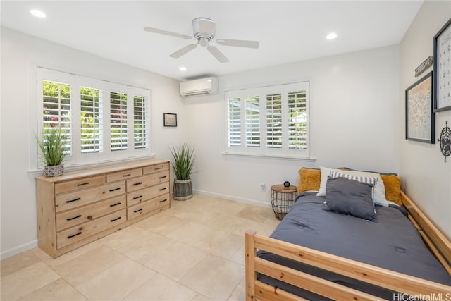 tiled bedroom with ceiling fan and a wall unit AC