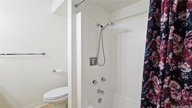 bathroom featuring shower / bath combination with curtain, toilet, and tile patterned flooring