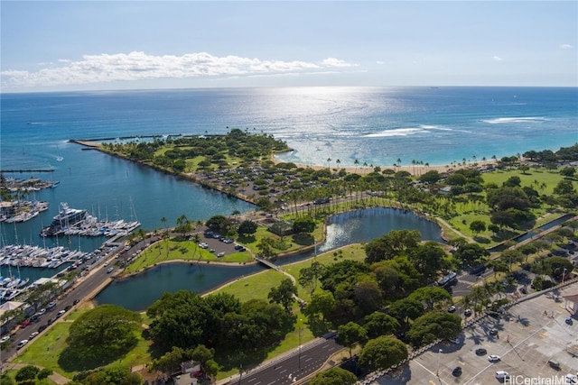 aerial view featuring a water view