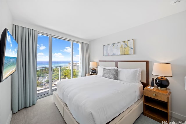 bedroom featuring access to outside, multiple windows, light colored carpet, and a water view