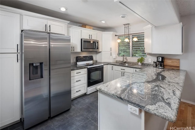 kitchen featuring white cabinetry, stainless steel appliances, kitchen peninsula, and sink