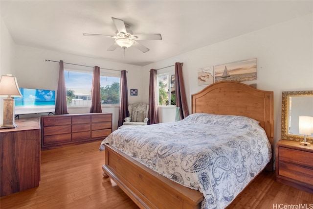 bedroom with hardwood / wood-style flooring and ceiling fan