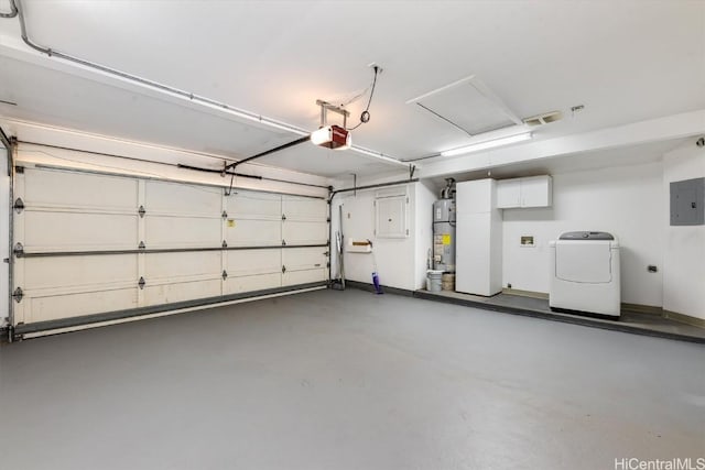 garage with washer / clothes dryer, a garage door opener, strapped water heater, and electric panel