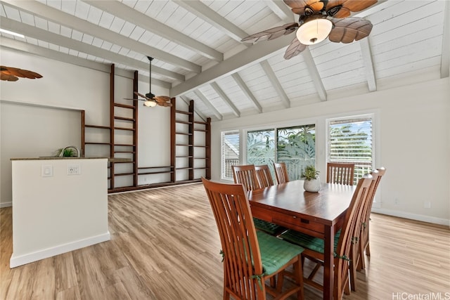 dining area with beamed ceiling, light hardwood / wood-style flooring, and high vaulted ceiling